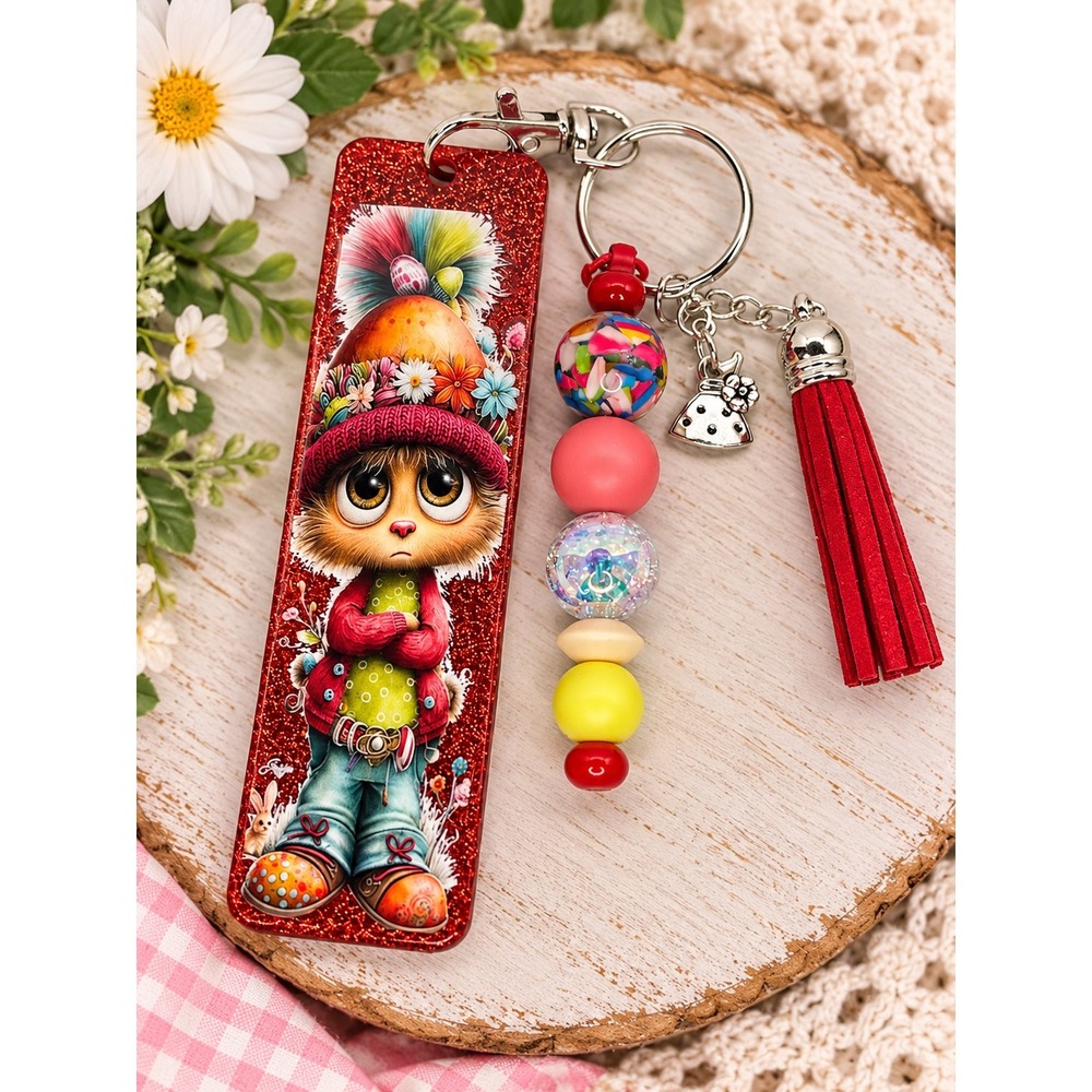 Red Glitter Acrylic Character Keychain with Silicone Beads Tassel & Charm 14